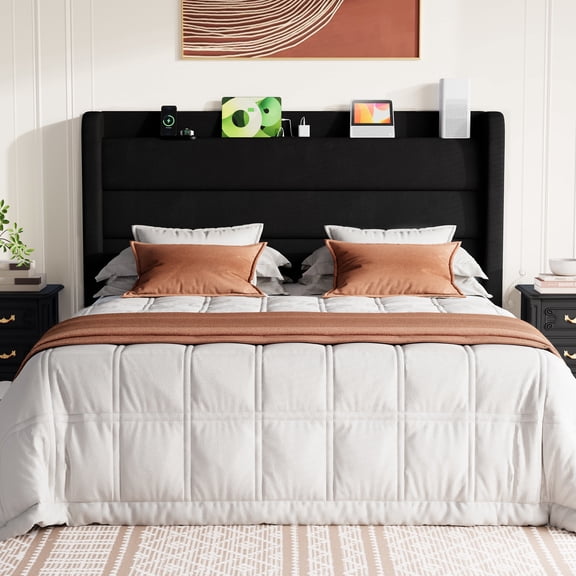 Frostbloom Queen Bed Frame with USB & Type-C Charging Station and Velvet Wingback Headboard, Black