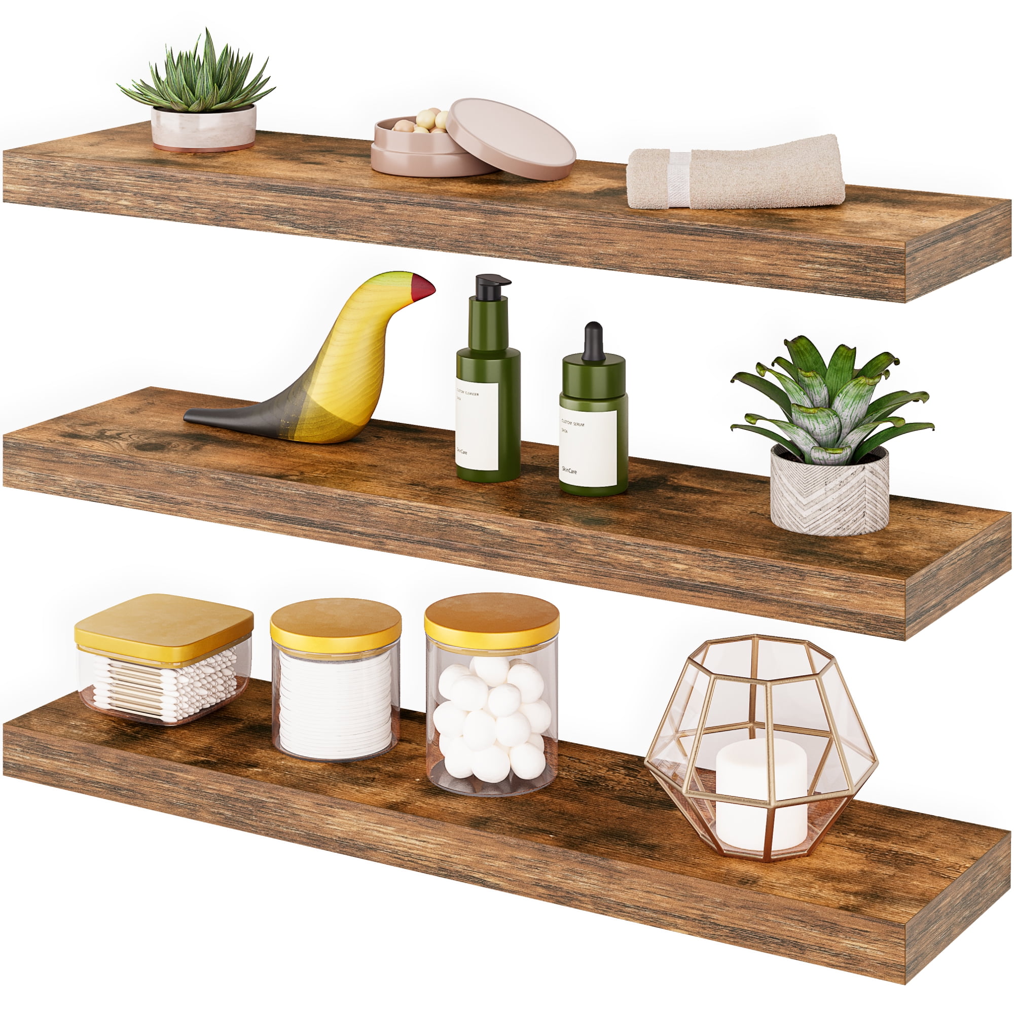 Ballucci 24" Floating Shelves for Wall, 3-Pack with Invisible Brackets, 6" Deep, Rustic Brown