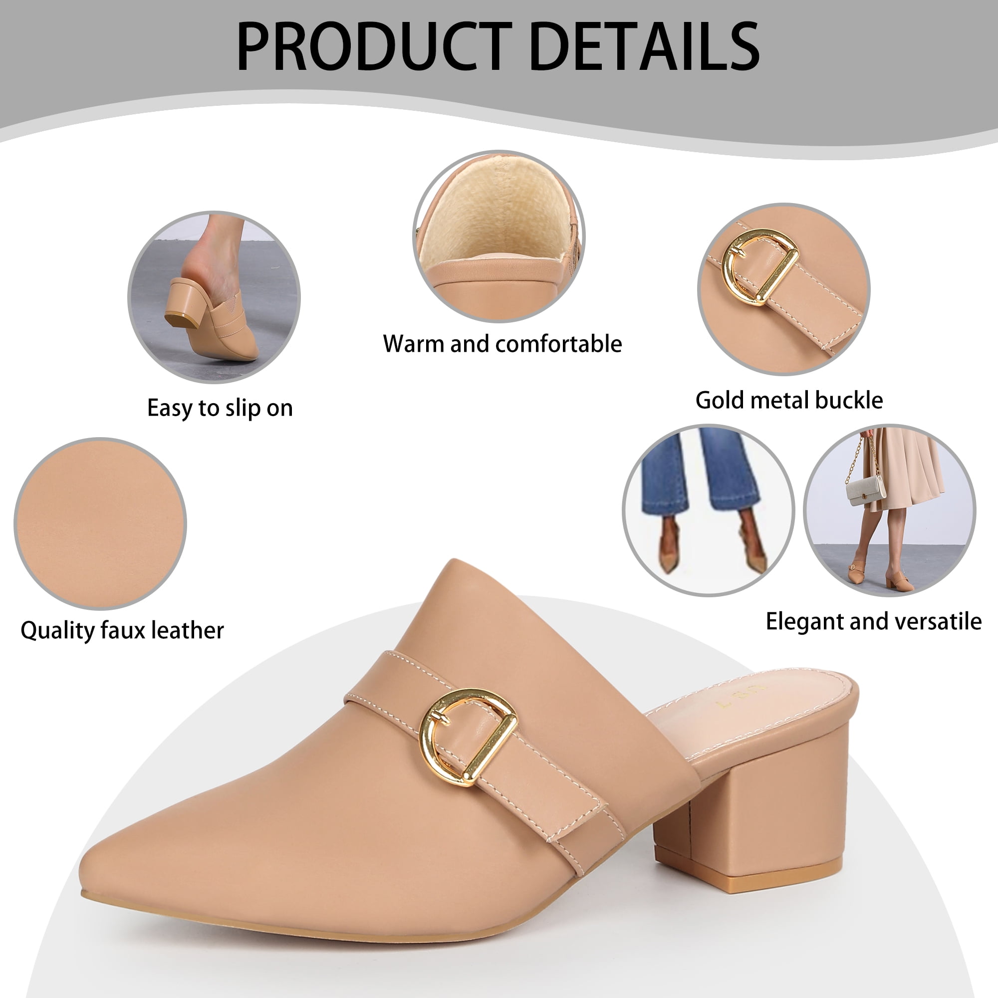 DARING DIVA Women's Elegant Pointed Toe Slip on Chunky Heel Mules Nude US 8