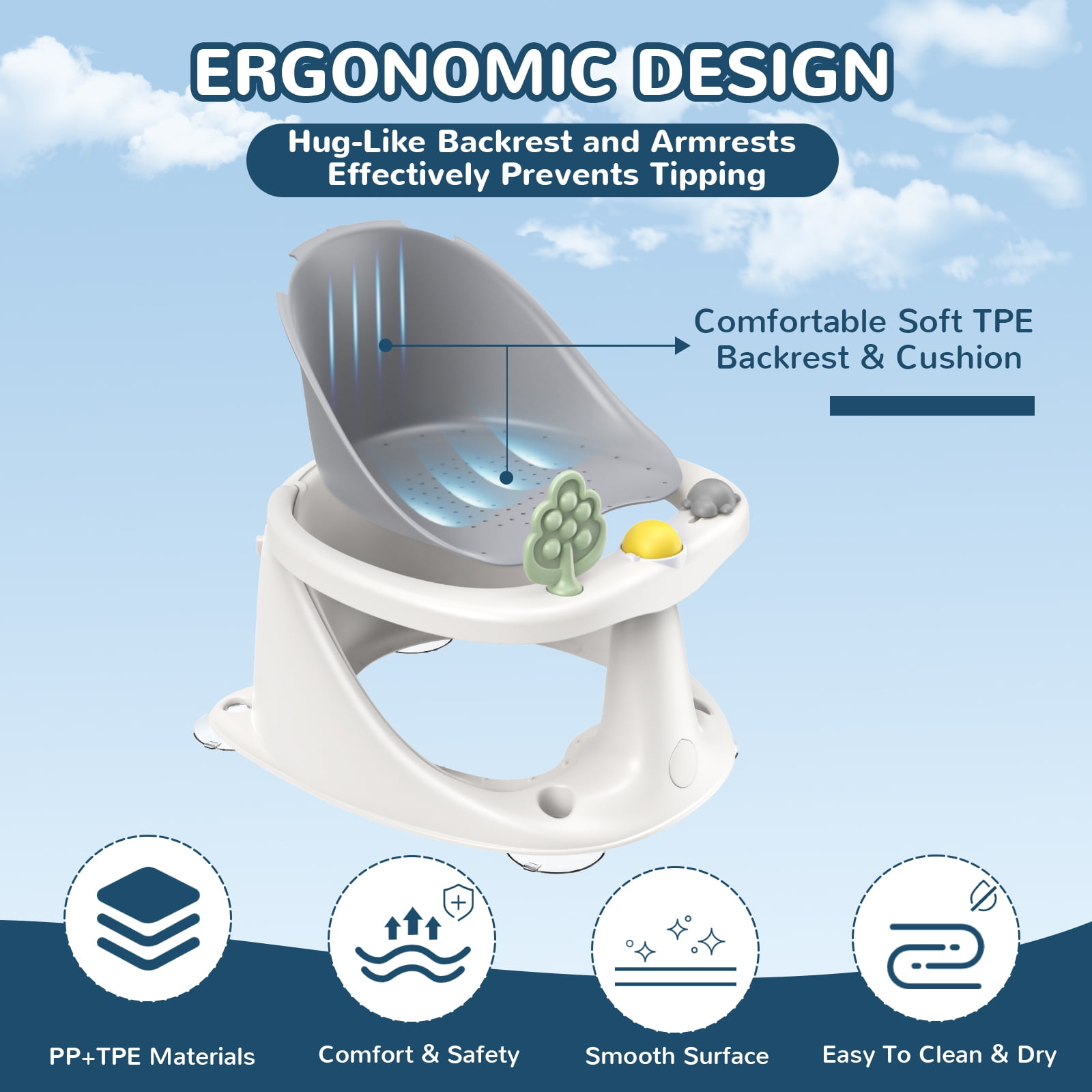 Baby Bath Seat for 6 Months and up - Non-Slip, Comfortable  Bath Seat with Rinse Cup,Baby Bathing Essentials Grey