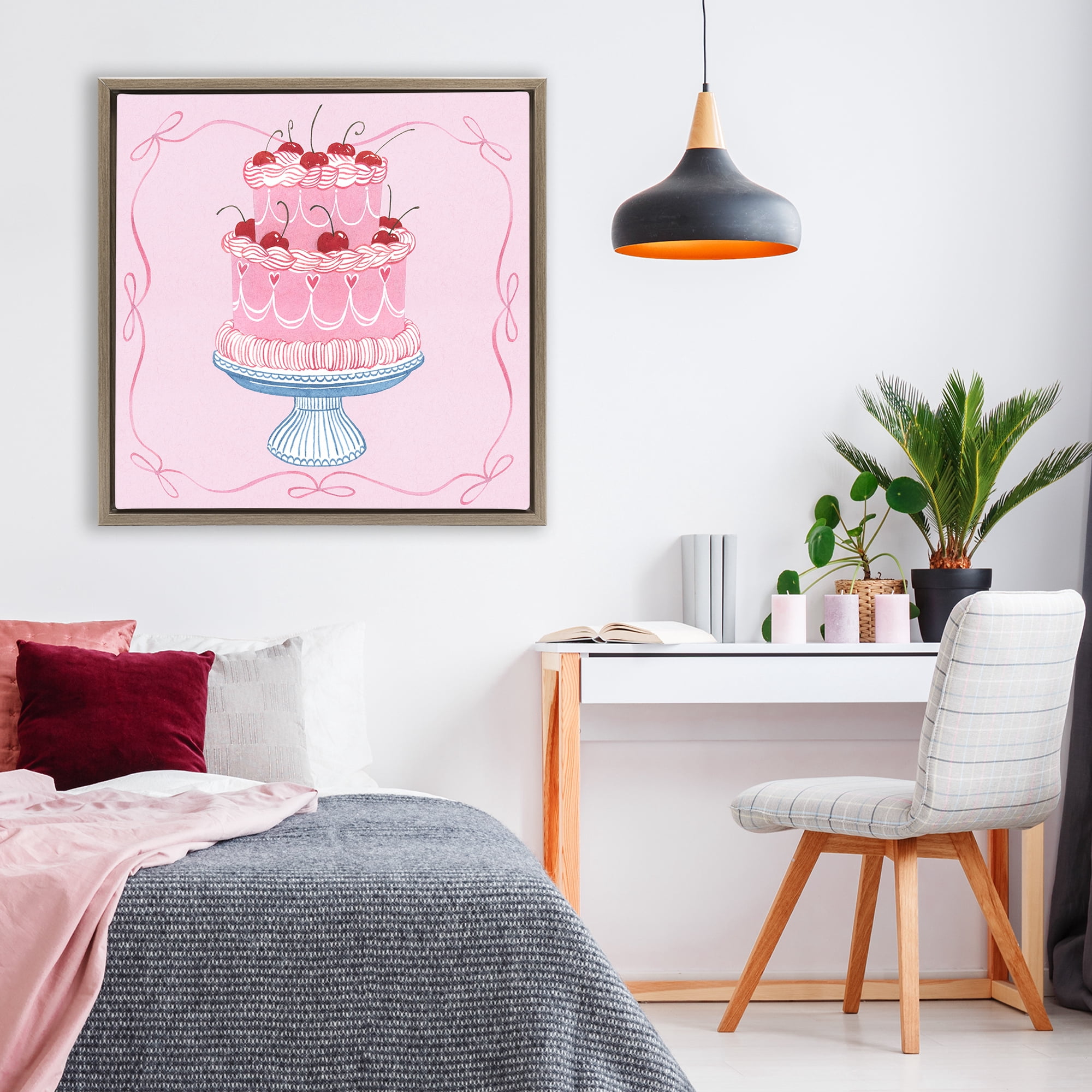 Stupell Industries Romantic Pink Cherry Cake Brown Framed Floater Canvas Wall Art, design by Grace Popp
