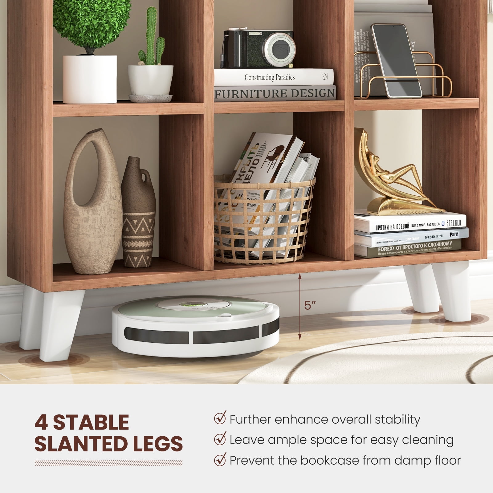 Topbuy 9-Cube Open Bookcase 3-Tier Floor Standing Bookshelf with 4 Slanted Legs 6 Removable Shelves Brown
