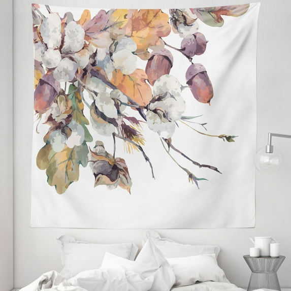 Nature Tapestry, Autumn Vintage Branch Watercolor Effect Botanical Composition Illustration, Fabric Wall Hanging Decor for Bedroom Living Room Dorm, 5 Sizes, Dark Peach Eggplant, by Ambesonne