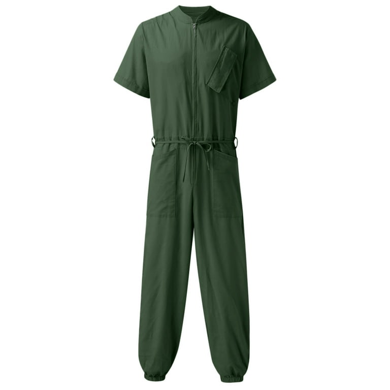Fashion Gift! MIARHB Men's Casual Jumpsuit Zipper Jumpsuit Solid Color  Workwear Cotton Linen Men's Workwear Trousers womens tops Dark Green M 