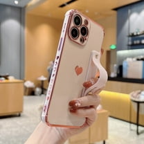 Feishell Case For iPhone 14 Plus, Cute Luxury Plating Love Heart with Camera Protection,Soft TPU Bumper Small Love Pattern,Protective Wrist Strap Kickstand Case For iPhone 14 Plus, Pink