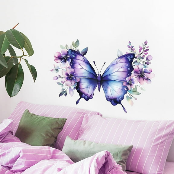 Wall Stickers Purple Flowers Butterfly Decals Peel and Stick Bedroom Living Room Background Wall Art Decor Vinyl Peel and Stick 23.2x15.7inch