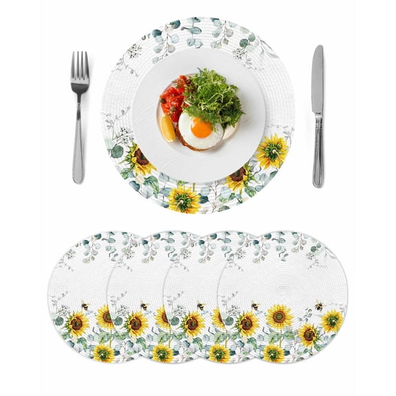 Sunflower Round 13 Inch Placemats Set of 4, Sage Green Summer Botanical Eucalyptus Farmhouse Bee HeatResistant Non Slip Place Mats for Dining Table, Wipeable Kitchen Table Mats for Housewarming