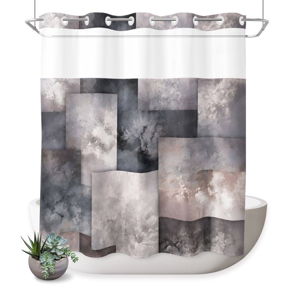 No Hook Shower Curtain, Grey Abstract Shower Curtains for Bathroom with See Through Top Window, Modern Gradient Color Blocks Geometric Waterproof & Washable Bath Curtain Standard 72"x72"