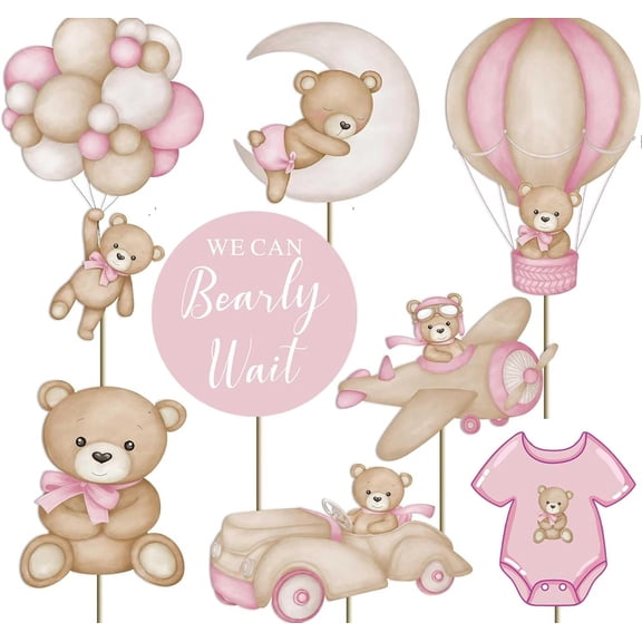 16Pcs Pink We Can Bearly Wait Baby Shower Centerpieces Cake Decorations Bear Birthday Party Decorations for Girl Cake Toppers