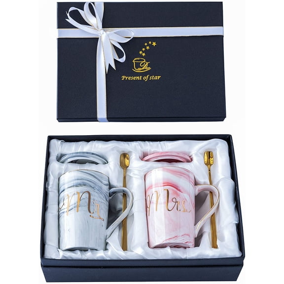 Mothers Day Gift- Wedding Gifts for Bride and Groom - Gifts for Bridal Shower Engagement Wedding and Married Couples Anniversary - Ceramic Marble Cups 14 Oz Pink