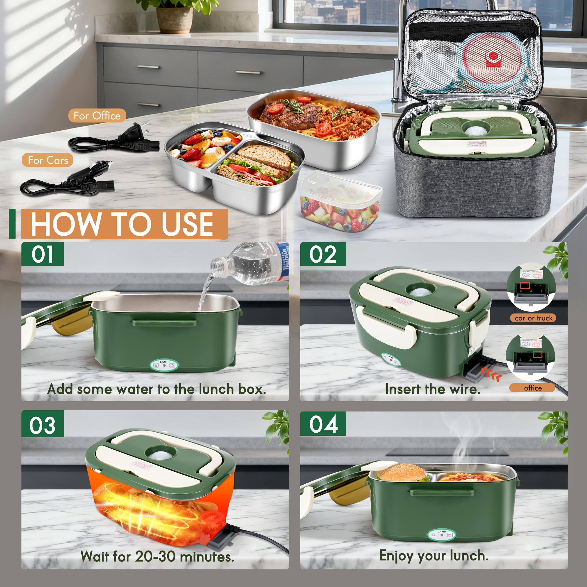 Electric Heated Lunch Box for Adults, 4 IN 1 Heating Lunch Box with 2 Pack 1.5L Container, 80W Lonchera Eléctrica Portátil, Food Warmer for Car/Truck/Office, Gift for Men (Green)