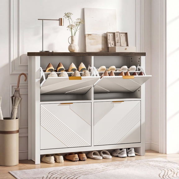 Shoe Cabinet with 4 Flip Drawers, Narrow Shoe Organizer with Symmetric Groove Pattern, Freestanding Wood Hidden Shoe Storage Cabinet for Entryway, Hallway