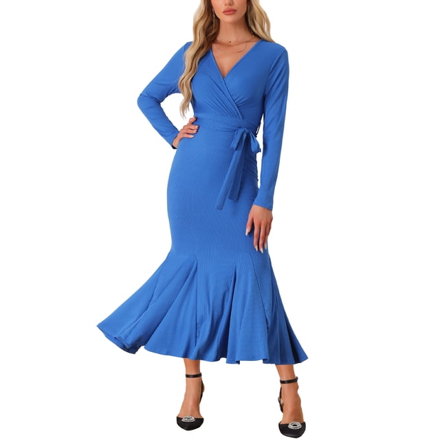 Vestidos largos ajustados Inspire Chic con cinturón, sexy, de longitud hasta el suelo, cola de pez, vestido de sirena azul 2XL
