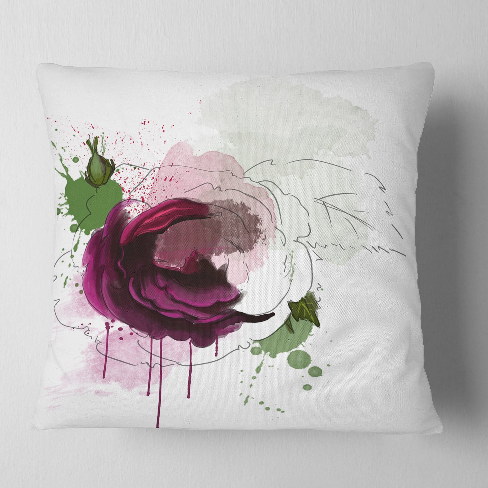 Designart Purple Rose Sketch Watercolor - Floral Throw Pillow - 16x16