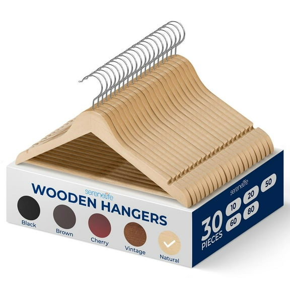 Premium Solid Wooden Hangers - Smooth Finish Space Saving Heavy Duty Suit Clothes Hanger Set w/ 360 Degree Swivel Metal Hook, Precisely Cut Notches, for Coats Jackets Pants Dress (30-Pack)