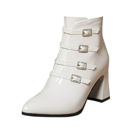 

Fashion Sexy Female Warm Boots Short Womens Decorative Buckle Boots Side Pointed Toe Zipper Leather High Heeled Womens Boots