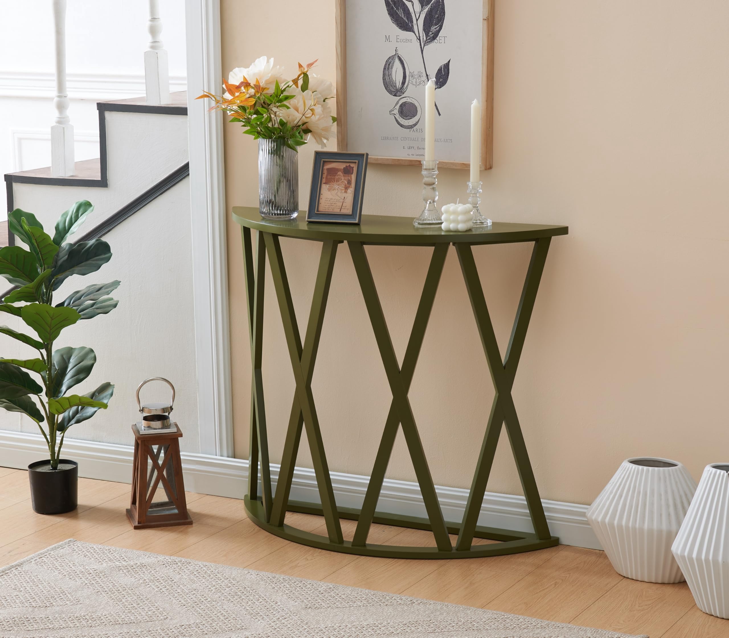 Kings Brand Furniture Vienna Half Moon Wood Console Table for Entryway, Accent Sofa Table for Living Room, Hallway, Foyer, Entrance, Avocado