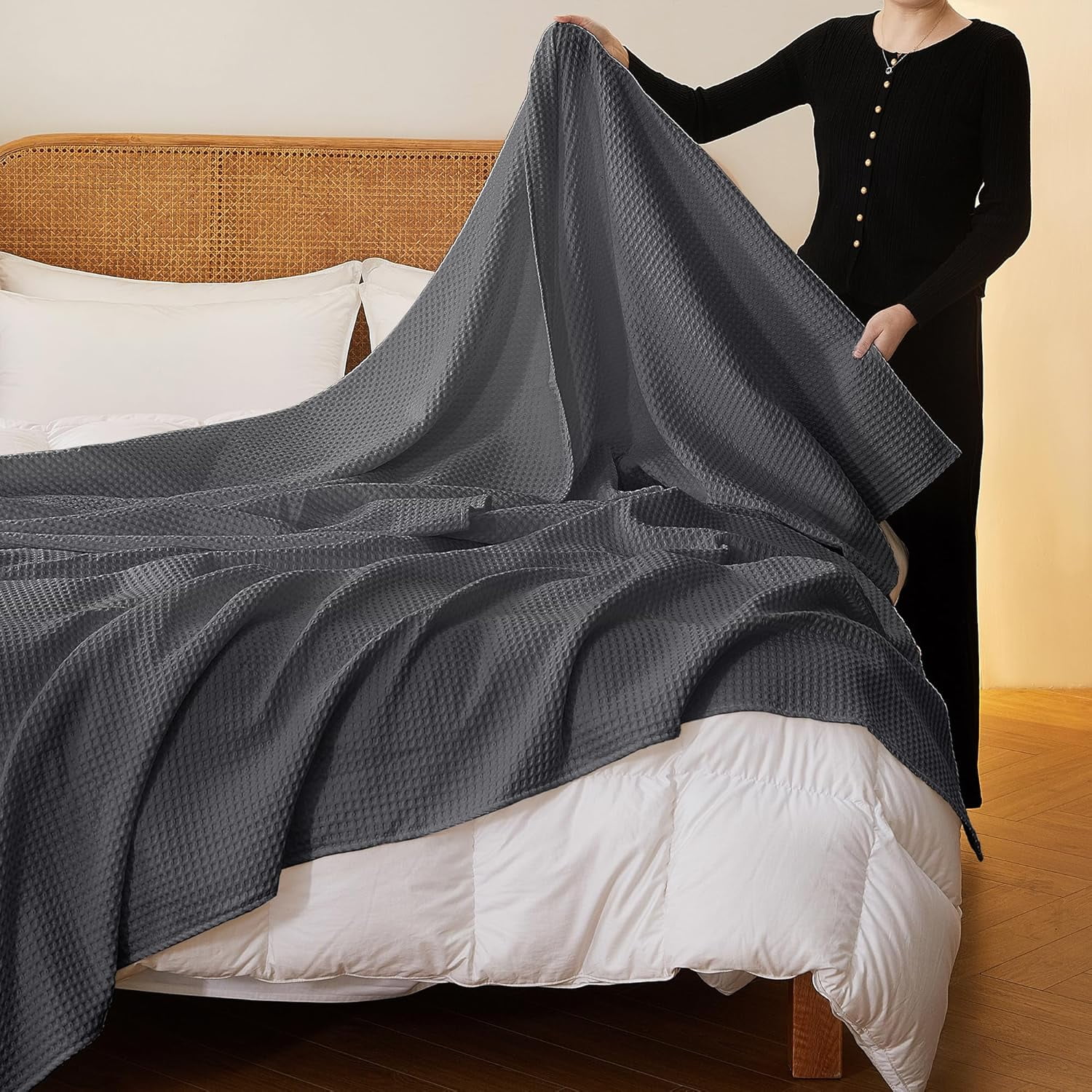 Shunjie.Home 100% Cotton Waffle Bed Blanket Twin Size, Throw Blanket for Couch All Seasons (Grey, 66x90)