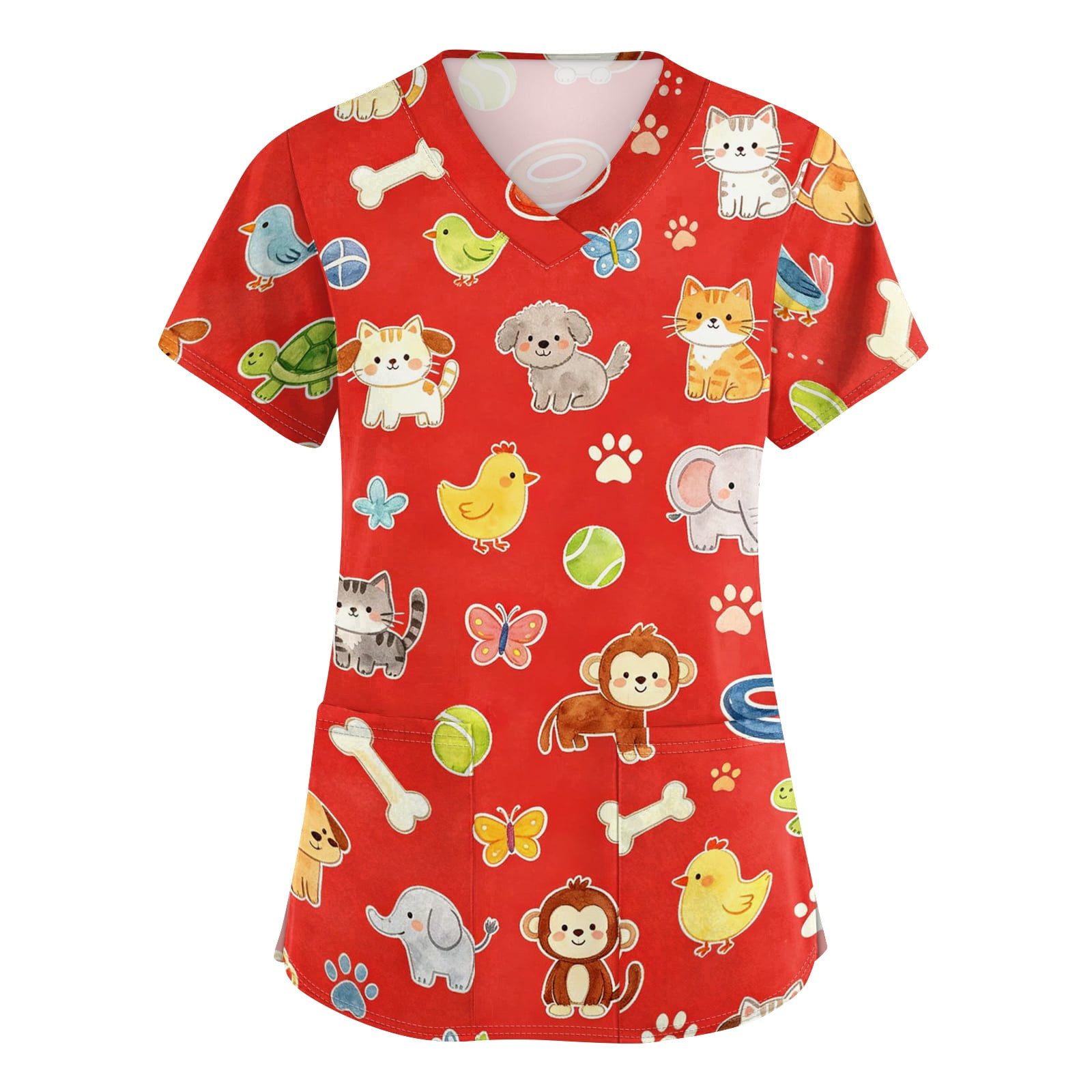 Scrubs for Women V Neck Short Sleeve Animal Printed Scrub Tops Cartoon Pattern Plus Size Medical Nursing Uniform with Pockets - Red - 5XL
