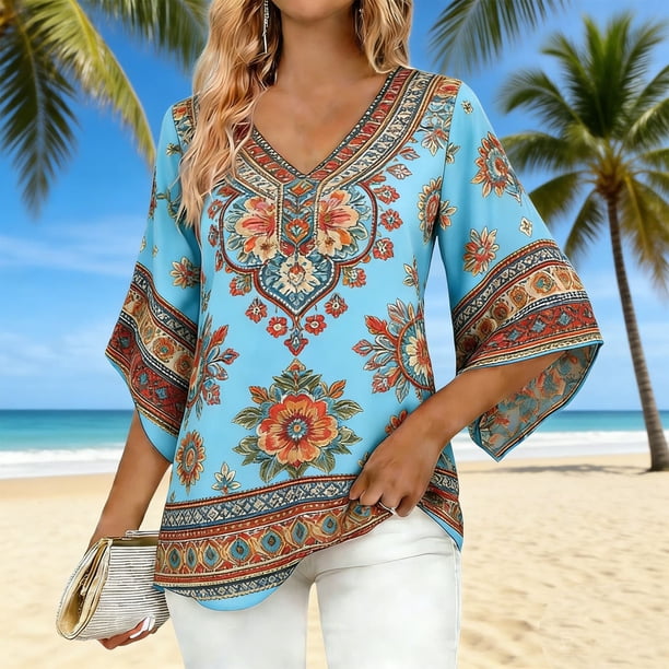 TaTaai Women's Bohemian Exclusive Print Elegant V-neck 3/4 Sleeve Blouse / Shirt Gift