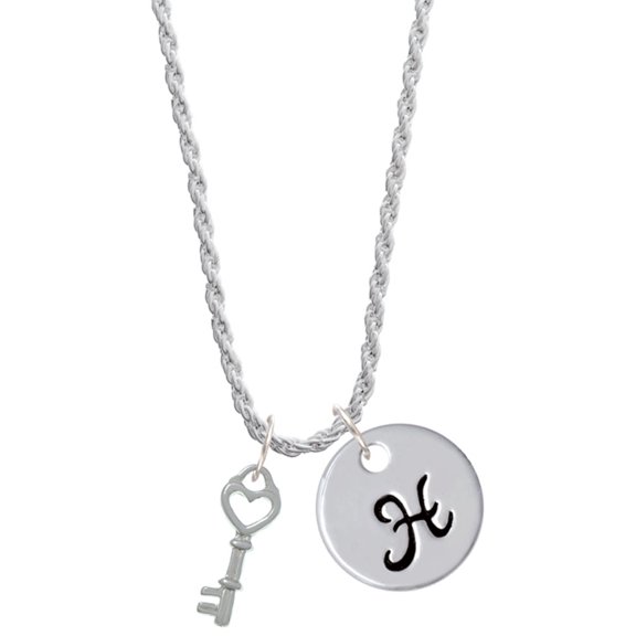Delight Jewelry Silvertone Open Heart Key Silvertone Script Initial Disc - H - Charm Necklace, 20"+3"