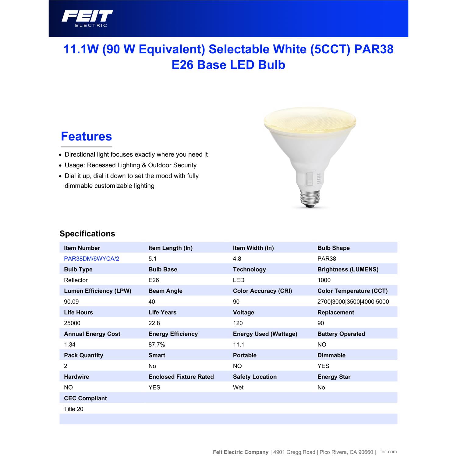 Feit PAR38 E26 (Medium) LED Bulb Soft White 90 Watt Equivalence 2pk