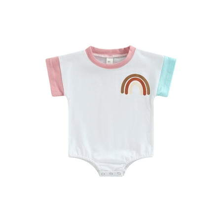 

VISgogo Infant Baby Unisex Casual Romper Color-Contrast Rainbow/Letter Printed Round Neck Bodysuit