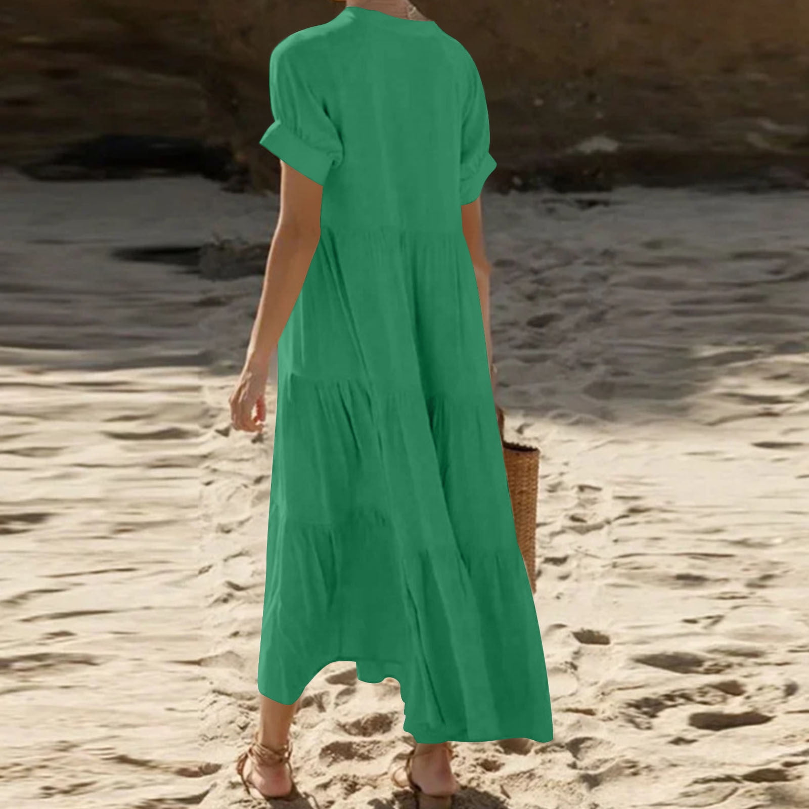 Sentmoon Summer Dresses Fashion 2026 Solid Color Dresses Short Sleeve V Neck Button Down Wedding Pleated Breathable Regular Fit A Line Dresses for Women for Indoor and Outdoor