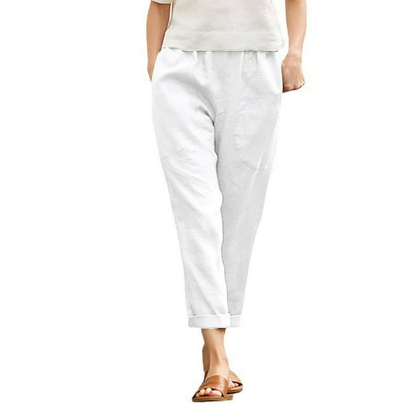 Pantalones rectos casuales de algodón y lino cómodos de color sólido con bolsillos grandes para mujeres europeas y americanas para mujeres