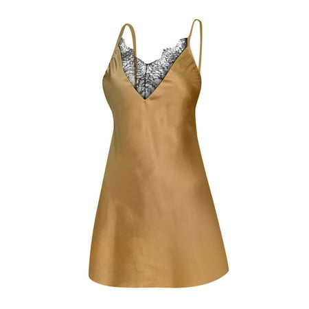 

BIZIZA Women Chemise Solid Color Satin One Piece V Neck Clubwear Sleepwear Nightdress Sexy Lingerie Yellow L