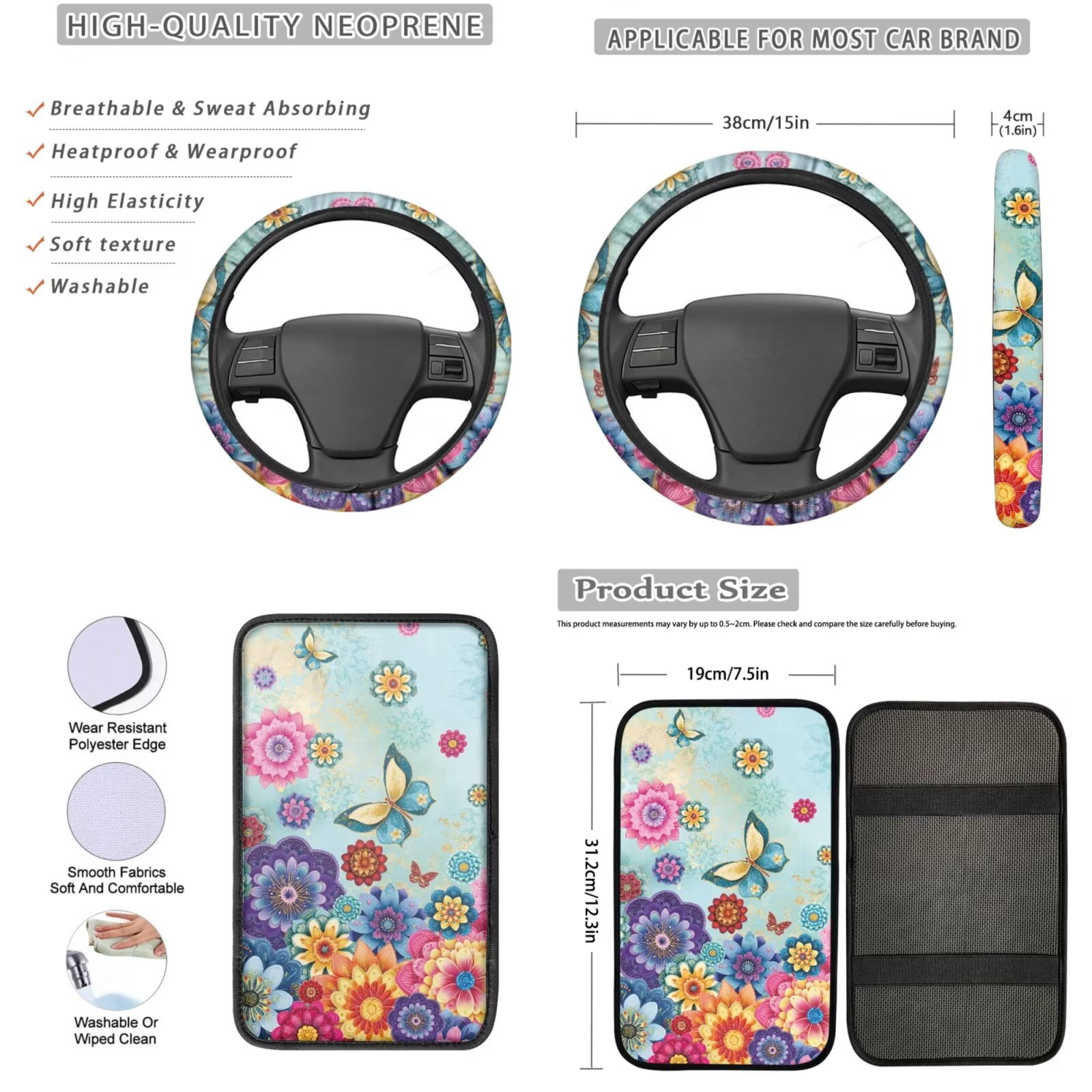 Garronmavis Dahlia Butterfly Fall Car Front Rear Bench Seat Protector Covers 13 Pieces Set, Seatbelt Pads, Steering Wheel Cover, Auto Coasters, Keychain, Key Ring Chapstick Holder,Console Cover