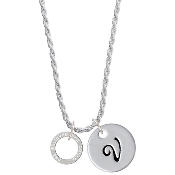 Delight Jewelry She Believed She Could Infinity Ring Silvertone Script Initial Disc - V - Charm Necklace, 20"+3"