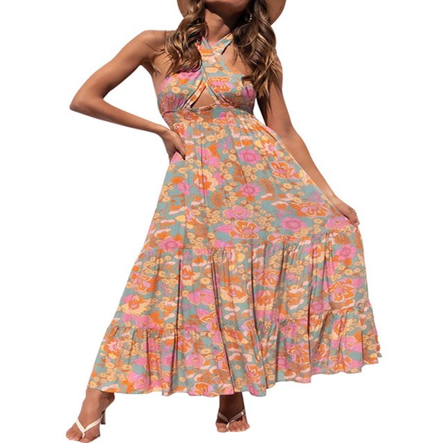 AMERTEER Femmes Été Crossover Licol Cou Sans Manches Plaid Coupé Dos Flowy une Ligne Maxi Robe Rose XL