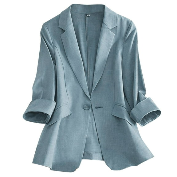 vigerkar Linen Blazer Women 3/4 Sleeve Lightweight Spring Summer Blazer Jackets Blue, 4XL
