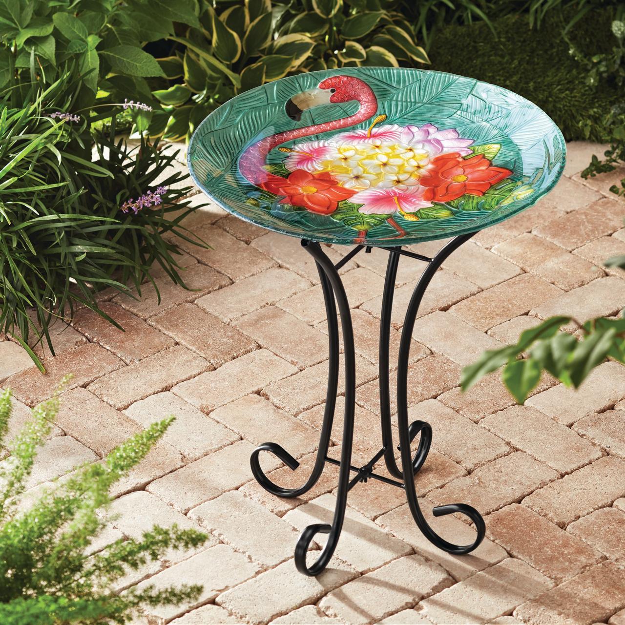 Teamson Home 17.8" Fusion Glass Flamingo Design Birdbath with Metal Stand, Multi