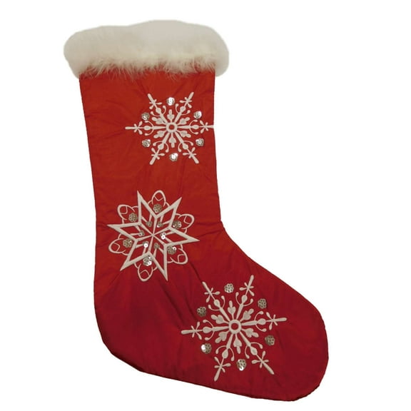 Embellished Red Satin Sequin & Faux Fur Christmas Holiday Stocking Snowflakes