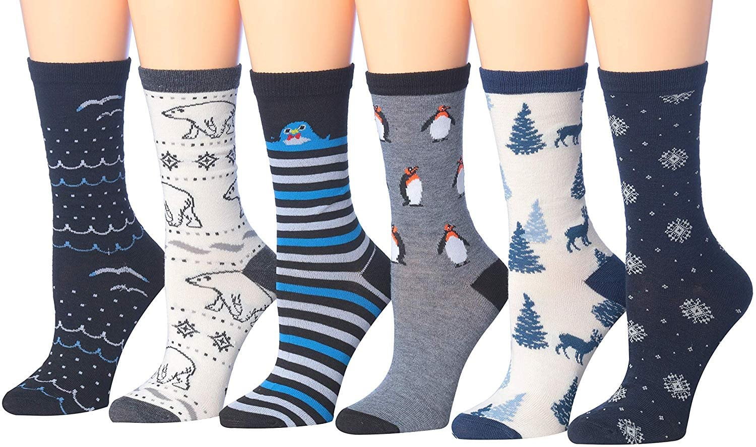 Tipi Toe Women's 6-Pairs Colorful Patterned Crew Socks 