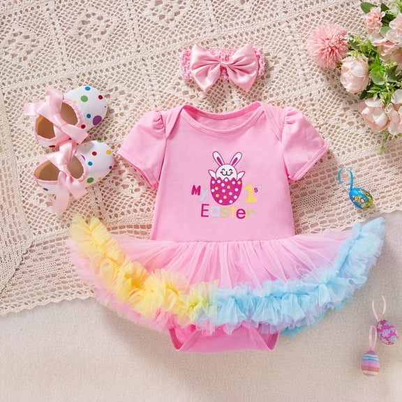 Conairie Baby Girl Easter Outfits Set 3 Piece Letter Print Short Sleeve Infant Bodysuit With Headband Shoes Summer Spring Romper Clothes Pink 0-3 M