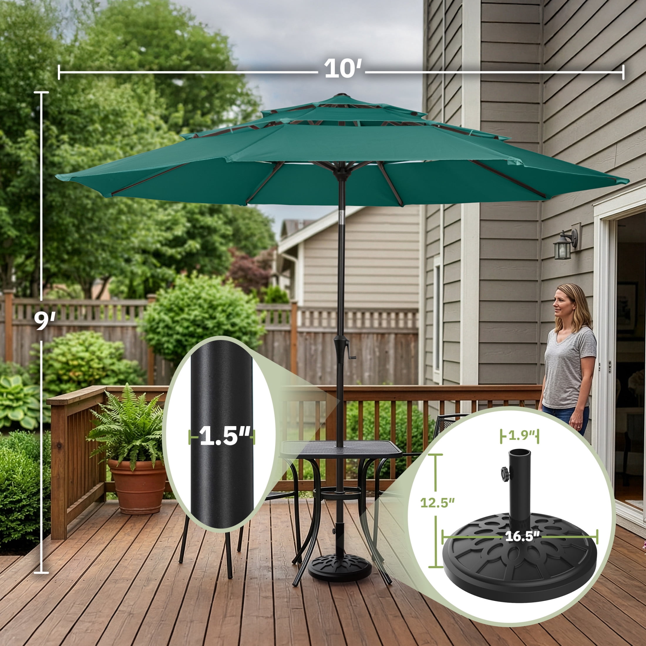 Pure Garden 10ft 3-Tier Umbrella for Patio Shade Canopy with 19lb Base, Dark Green