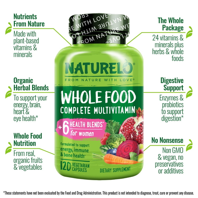 NATURELO Whole Food Multivitamin for Women - with Vitamins, Minerals, & Organic Extracts - Supplement for Energy and Heart Health - Non GMO - 120 Vegan Capsules
