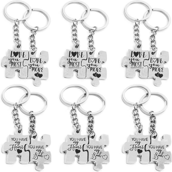 12 Pack Puzzle Piece Keychains for Couples Lovers Birthday, His and Her Anniversary Gift, Silver, 6 Designs, 1.2 x 3.3 in