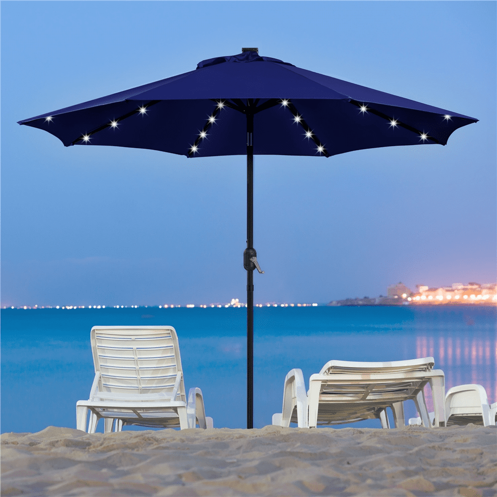 Renwick 9ft Outdoor Market Patio Umbrella with 32 LED Lights, Navy Blue
