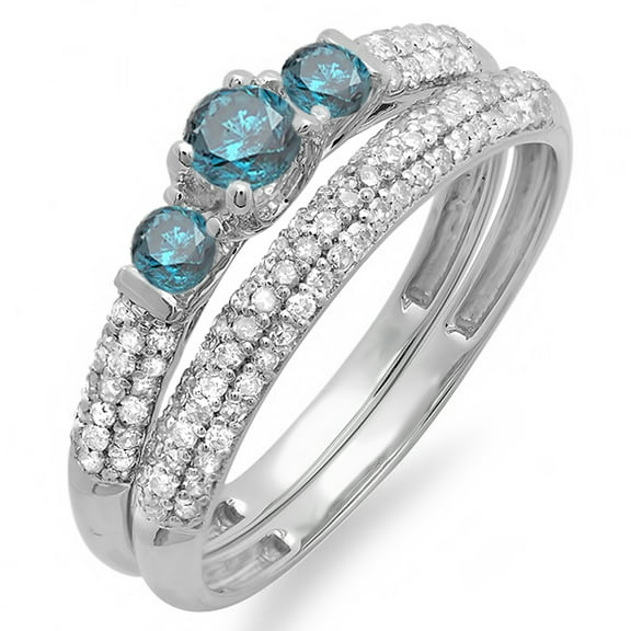 Dazzlingrock Collection 0.85 Carat (ctw) 10k Round Blue And White Diamond 3 Stone Bridal Wedding Ring Set, White Gold, Size 8.5