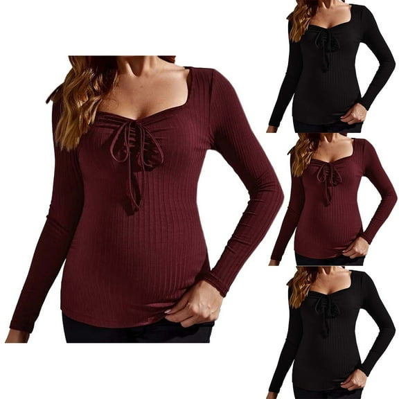 Bovxnpu Maternity Clothes For Women, Women's Maternity Shirts Long Sleeve Pregnancy Tops, Collar Tie Solid Color Long Sleeved Pregnant Women's Top S