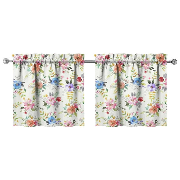 Set of 2 Floral Cafe Curtains - Watercolor Flower Pattern, Rustic Farmhouse Kitchen Curtains, 27.5x24 Inch, Rod Pocket Design