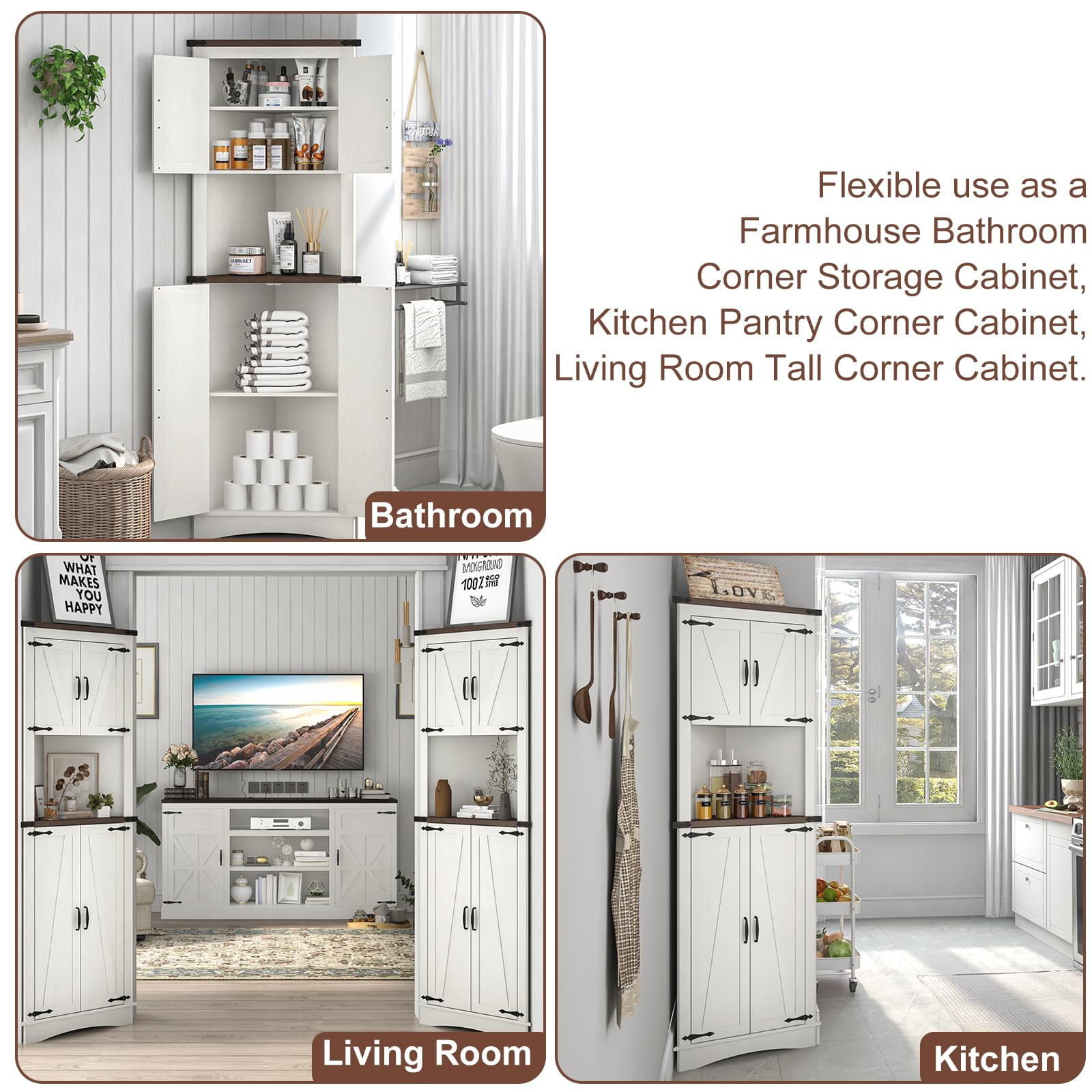 ChVans Farmhouse 68" Tall Corner Cabinet w/4 Barn Doors, 5 Tier Bookcase Storage Cabinet with Adjustable Shelves, Corner Storage Cabinet for Bathroom,Living Room,Kitchen, White-Brown
