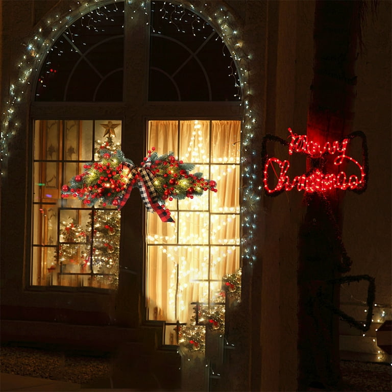 sdghg Christmas Swag Light Up Holiday Swag Front Door Wreath with Ribbon Bow and Red Berries for Home