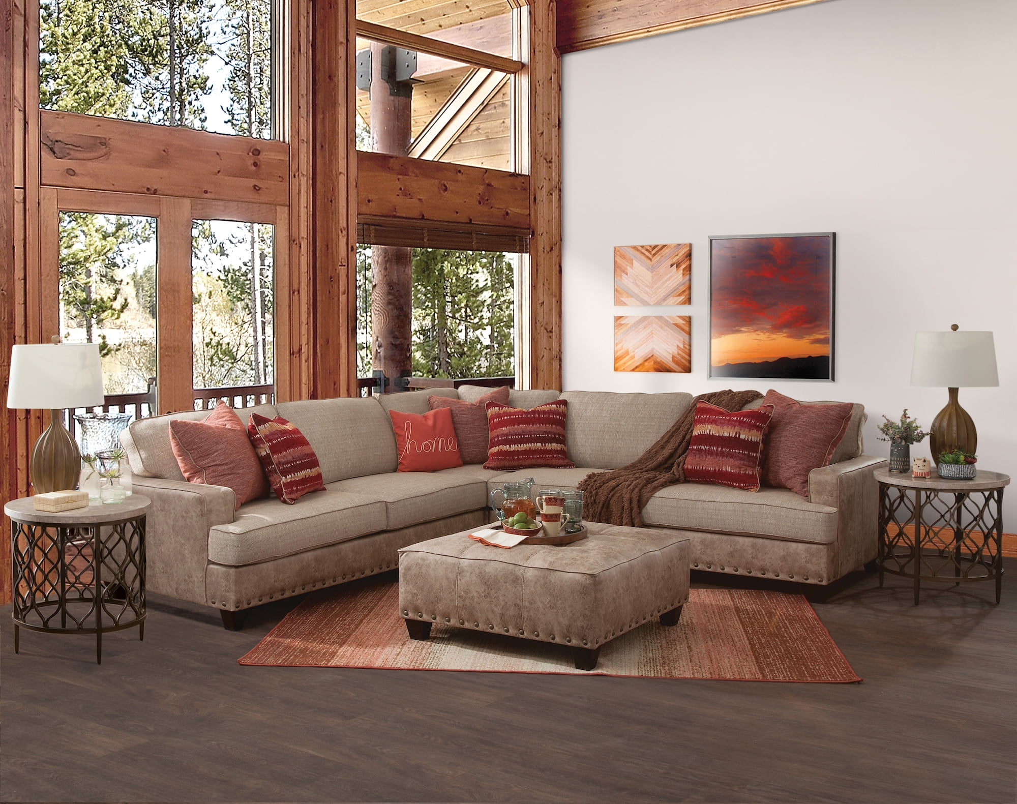 American Furniture Classics Model 8-012-A76V8-K Transitional Track Arm Beige and Brown Three Piece L-Shaped Sectional Sofa with Seven Throw Pillows