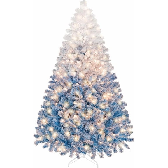 Pre-lit Artificial Christmas Tree with 250 Incandescent Warm White Lights, Snow Flocked Full Prelighted Xmas Tree with 820 Branch Tips & Foldable Stand, Lake Blue Gradient