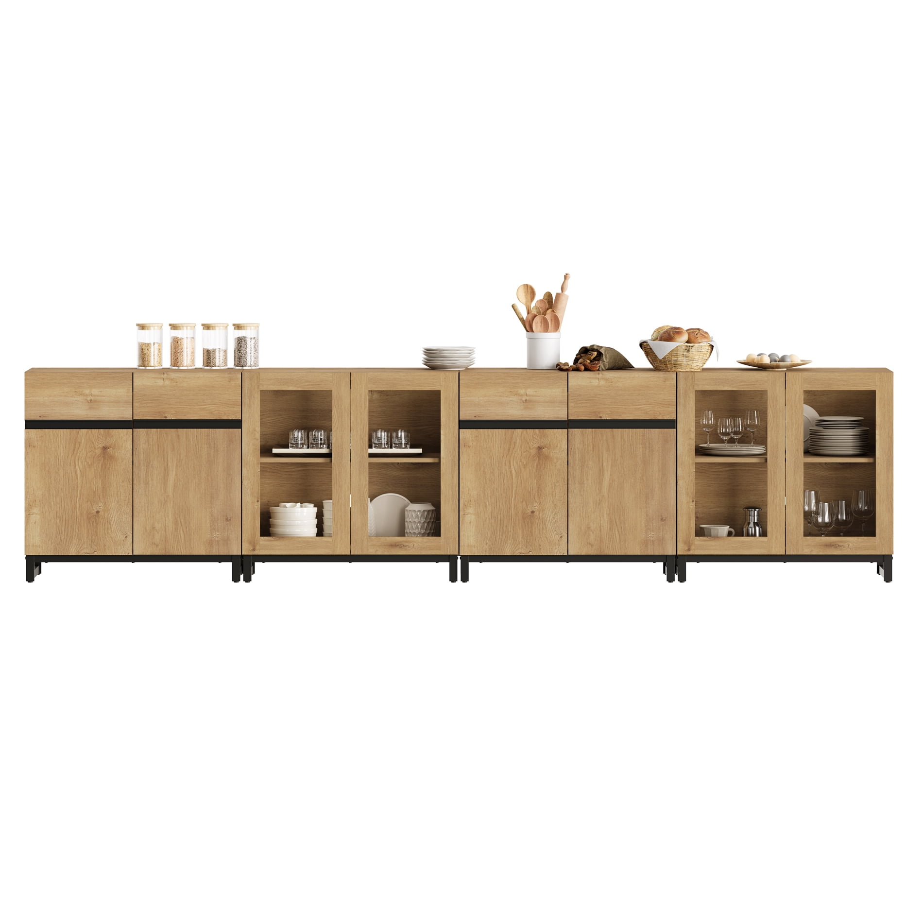 Home Bedroom Storage Cabinet, 4 In 1 Chest with Glass Doors and Adjustable Shelves, Modern Modular Closet Organizer Furniture,Oak